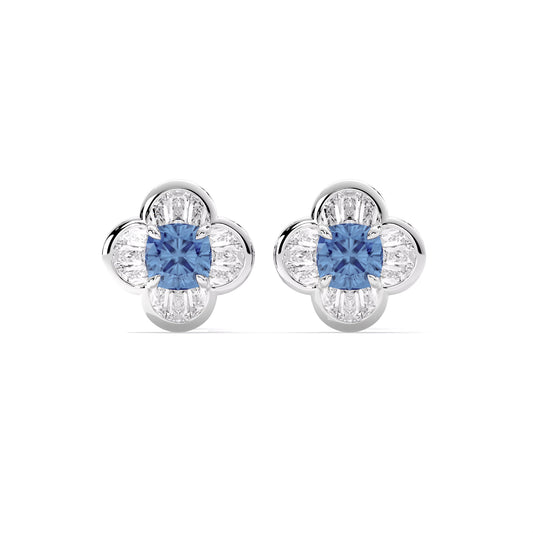 Cushion Emerald Lab Grown Diamond Flower Stud Earrings Silver