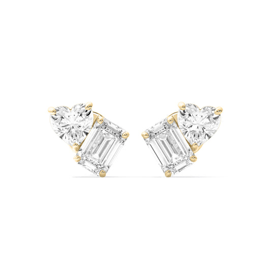 Heart Emerald Two Stone Lab Grown Diamond Stud Earrings Gold