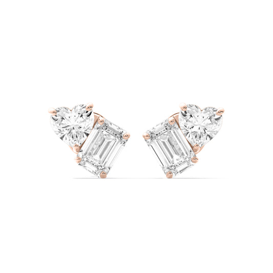 Heart Emerald Two Stone Lab Grown Diamond Stud Earrings Rose Gold