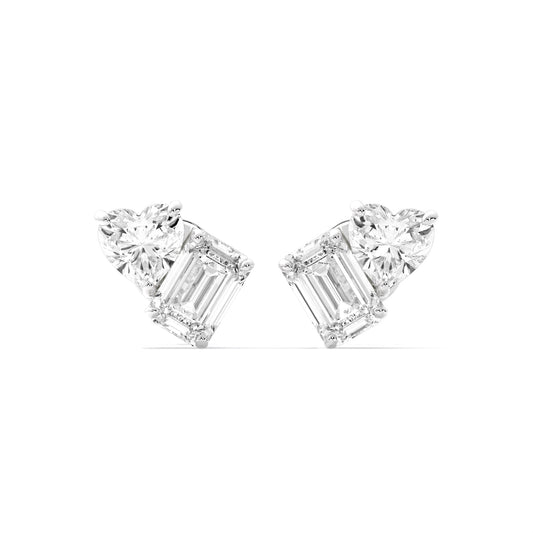 Heart Emerald Two Stone Lab Grown Diamond Stud Earrings Silver