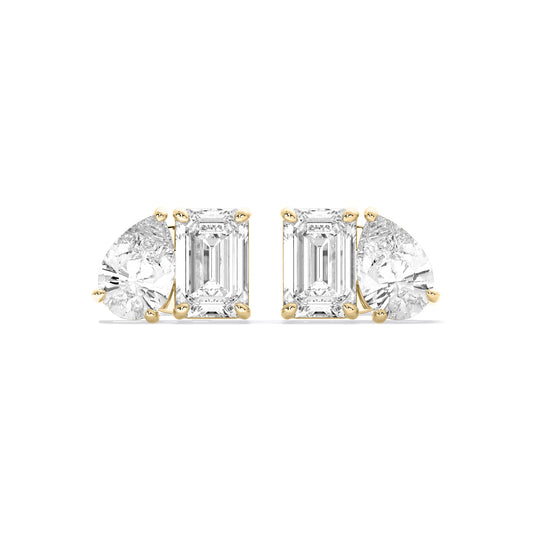 Pear Emerald Two Stone Lab Grown Diamond Stud Earrings Gold