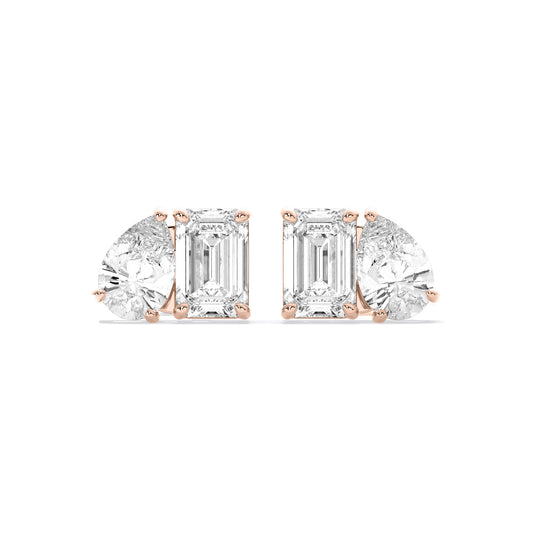 Pear Emerald Two Stone Lab Grown Diamond Stud Earrings Rose Gold