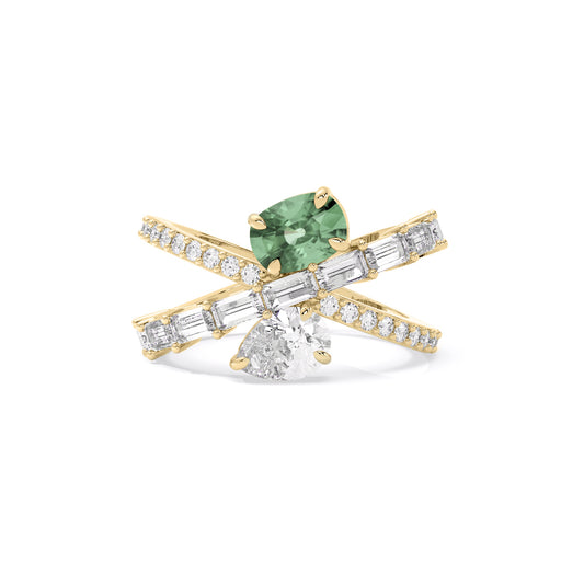 Emerald Pear Baguette Lab Grown Diamond Crisscross Ring Gold
