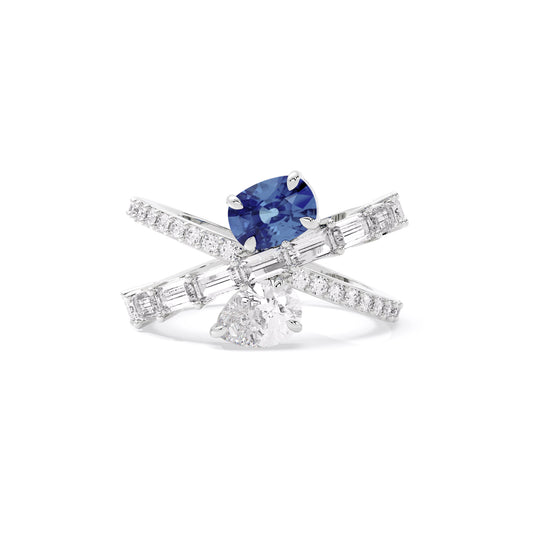 Emerald Pear Baguette Lab Grown Diamond Crisscross Ring White Gold