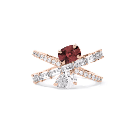Emerald Pear Baguette Lab Grown Diamond Crisscross Ring Rose Gold