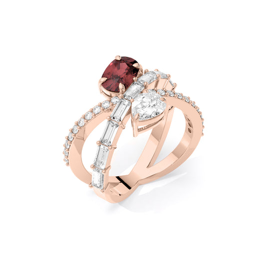 Emerald Pear Baguette Lab Grown Diamond Crisscross Ring Rose Gold