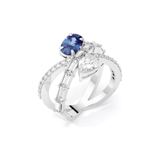 Emerald Pear Baguette Lab Grown Diamond Crisscross Ring White Gold