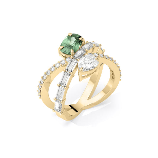 Emerald Pear Baguette Lab Grown Diamond Crisscross Ring Gold