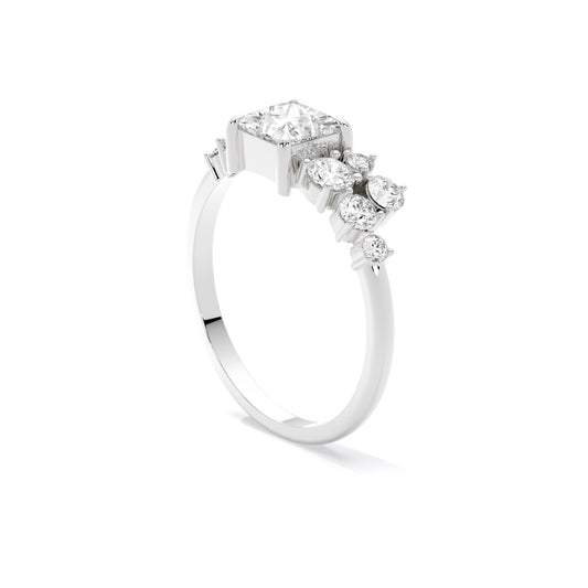 Princess Cut Lab Grown Diamond Asymmetrical Cluster Ring White Gold
