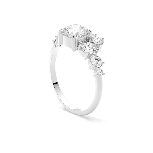 Cushion Cut Lab Grown Diamond Asymmetrical Cluster Ring White Gold