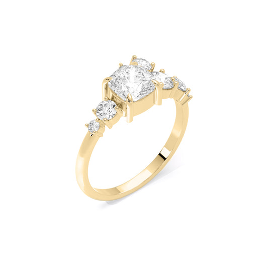 Cushion Cut Lab Grown Diamond Asymmetrical Cluster Ring Gold