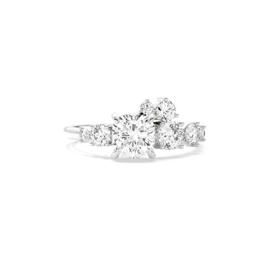 Cushion Cut Lab Grown Diamond Asymmetrical Cluster Ring White Gold