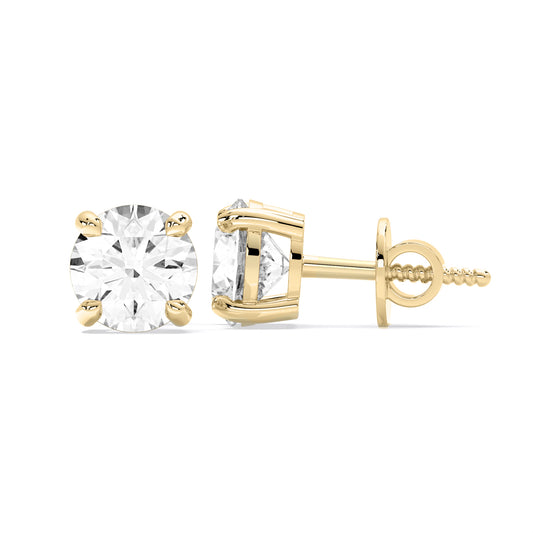 Round Cut Lab Grown Diamond Four Prong Stud Earrings Gold