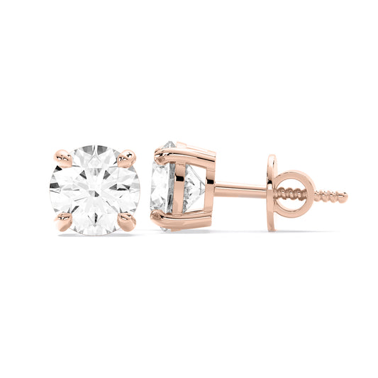 Round Cut Lab Grown Diamond Four Prong Stud Earrings Rose Gold