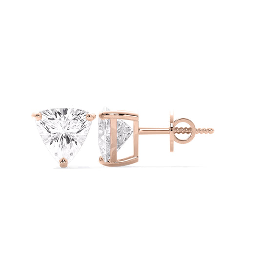 Trillion Cut Lab Grown Diamond Three Prong Stud Earrings Rose Gold