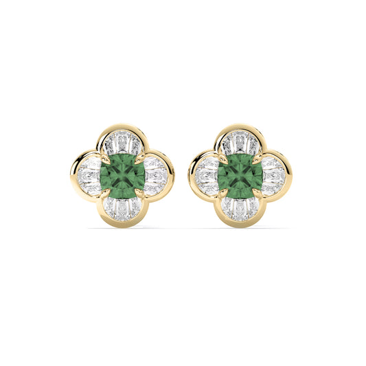 Cushion Emerald Lab Grown Diamond Flower Stud Earrings Gold