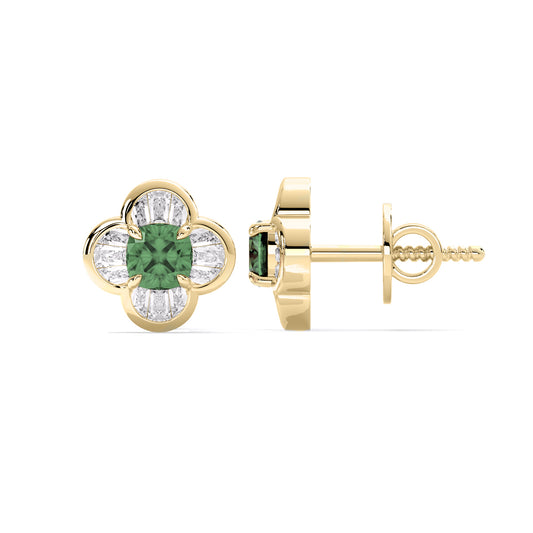 Cushion Emerald Lab Grown Diamond Flower Stud Earrings Gold