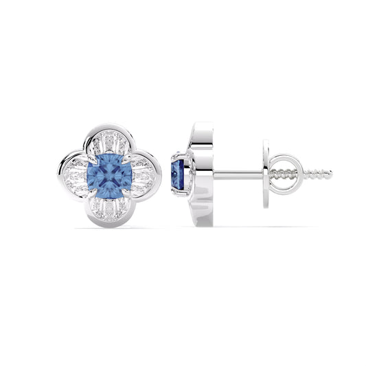 Cushion Emerald Lab Grown Diamond Flower Stud Earrings Silver