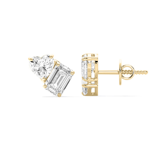 Heart Emerald Two Stone Lab Grown Diamond Stud Earrings Gold