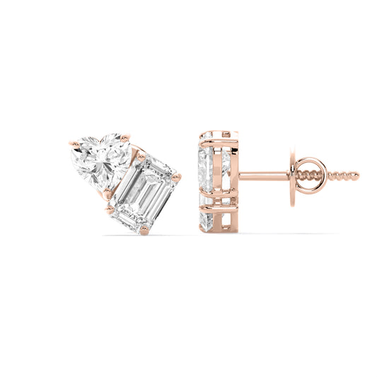 Heart Emerald Two Stone Lab Grown Diamond Stud Earrings Rose Gold