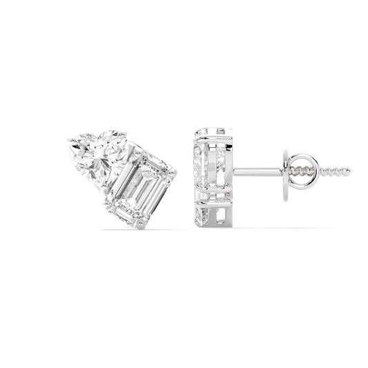Heart Emerald Two Stone Lab Grown Diamond Stud Earrings White Gold
