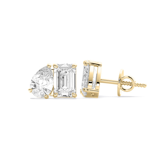 Pear Emerald Two Stone Lab Grown Diamond Stud Earrings Gold
