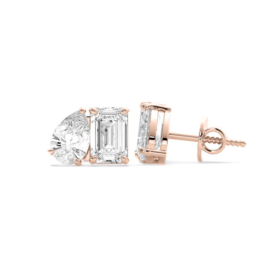 Pear Emerald Two Stone Lab Grown Diamond Stud Earrings Rose Gold
