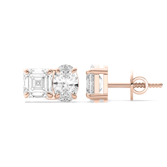 Emerald Cut Oval Lab Grown Diamond Stud Earrings Rose Gold