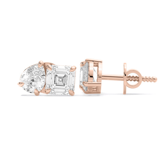 Pear Emerald Cut Lab Grown Diamond Stud Earrings Rose Gold