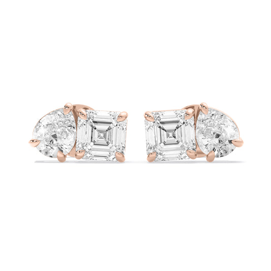Pear Emerald Cut Lab Grown Diamond Stud Earrings Rose Gold