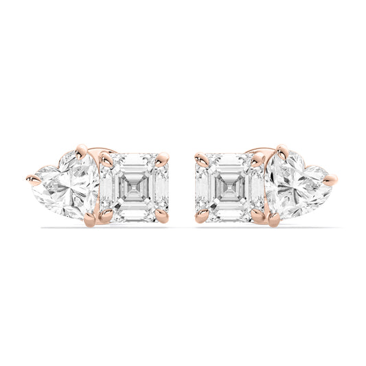 Pear Heart Two Stone Lab Grown Diamond Stud Earrings Rose Gold