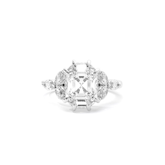 Emerald Cut Vintage Floral Cluster Lab Grown Diamond Ring White Gold
