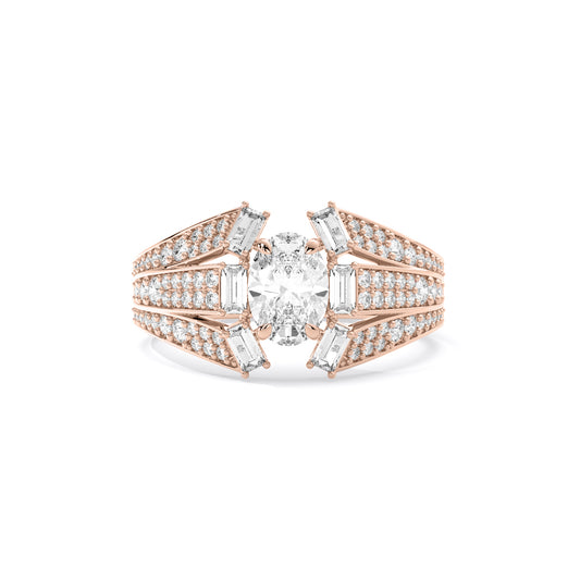 Oval Center Baguette Wing Lab Grown Diamond Ring Rose Gold