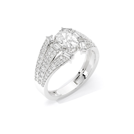 Oval Center Baguette Wing Lab Grown Diamond Ring White Gold