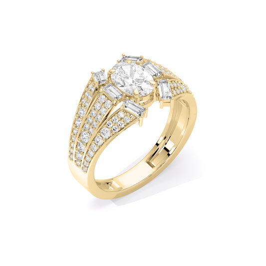 Oval Center Baguette Wing Lab Grown Diamond Ring Gold