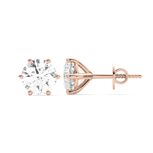Round Cut Lab Grown Diamond Six Prong Stud Earrings Rose Gold