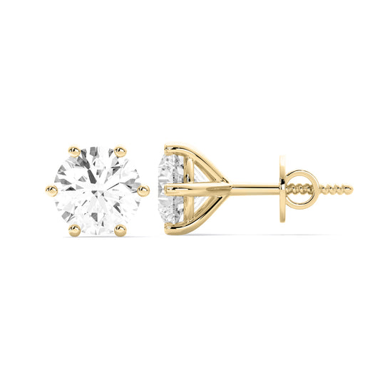 Round Cut Lab Grown Diamond Six Prong Stud Earrings Gold