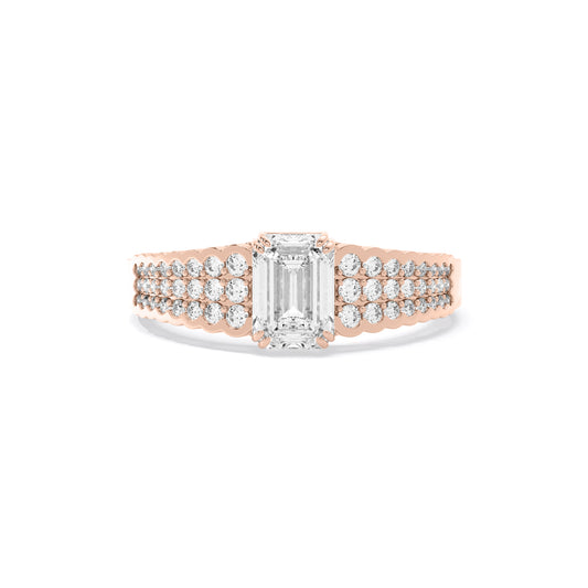 Emerald Cut Three Row Pave Lab Grown Diamond Ring Rose Gold