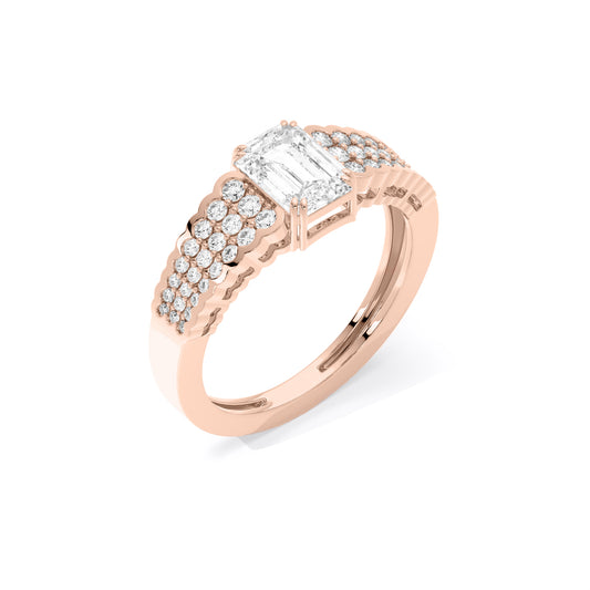 Emerald Cut Three Row Pave Lab Grown Diamond Ring Rose Gold