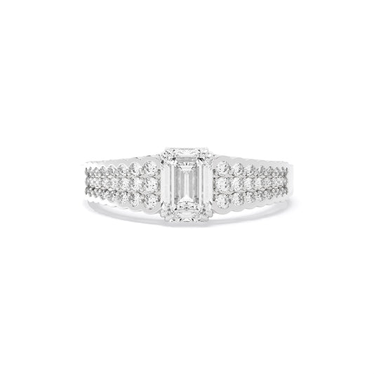 Emerald Cut Three Row Pave Lab Grown Diamond Ring White Gold