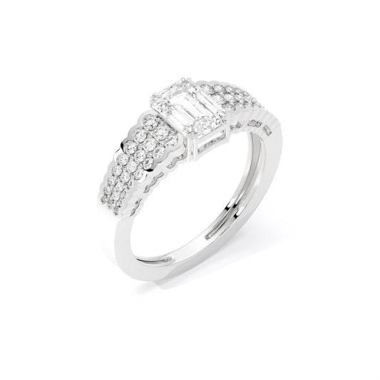Emerald Cut Three Row Pave Lab Grown Diamond Ring White Gold