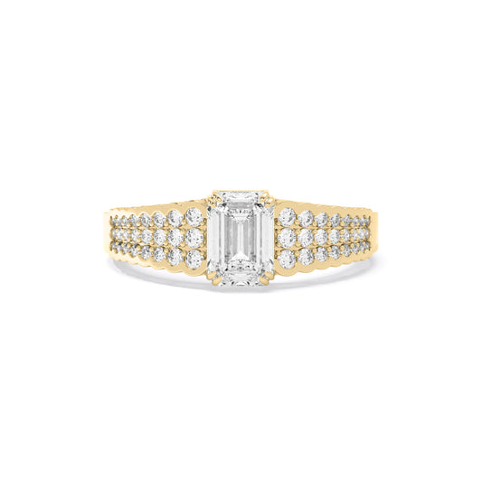 Emerald Cut Three Row Pave Lab Grown Diamond Ring Gold